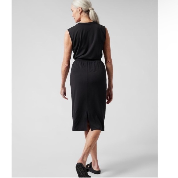 Athleta Santorini Cinch Dress Solid Black‎ Sleeveless Midi Size Small Petite - Picture 4 of 16